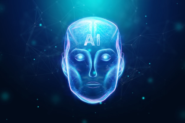 Blue Hologram robot head, artificial intelligence. Concept neural networks, autopilot, robotization, industrial revolution 4.0. 3D illustration, 3D rendering.