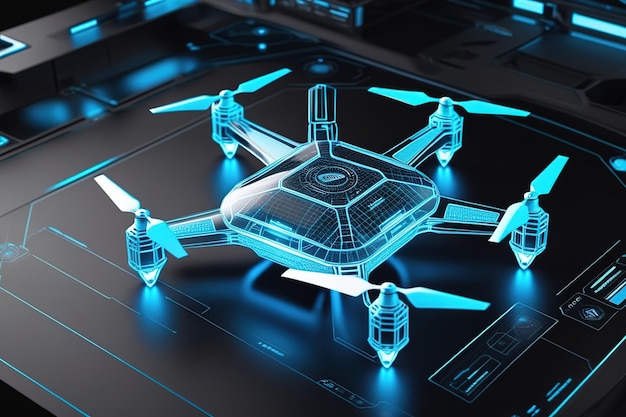 blue Hologram wireframe of drone Future Concept Simulation and connect technologyai generated