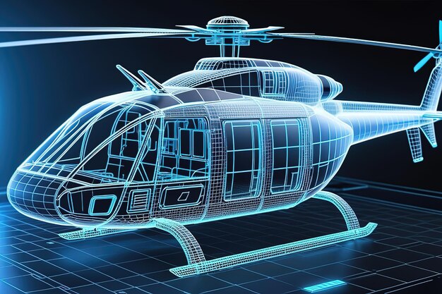 blue Hologram wireframe of Helicopter Future Concept Simulation and connect technologyai generated