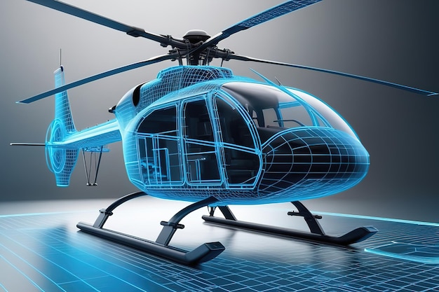 blue Hologram wireframe of Helicopter Future Concept Simulation and connect technologyai generated