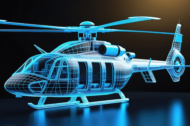 写真 blue hologram wireframe of helicopter future concept simulation and connect technologyai generated