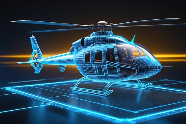 Фото blue hologram wireframe of helicopter future concept simulation and connect technologyai generated