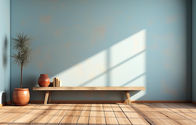 Blue Horizon An Empty Room with a Bright Blue Wall and Sun Reflection