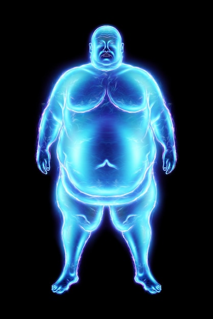 Blue horogram of a fat man on a black background isolate 3D render 3D illustration