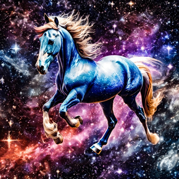 a blue horse is galloping through the space