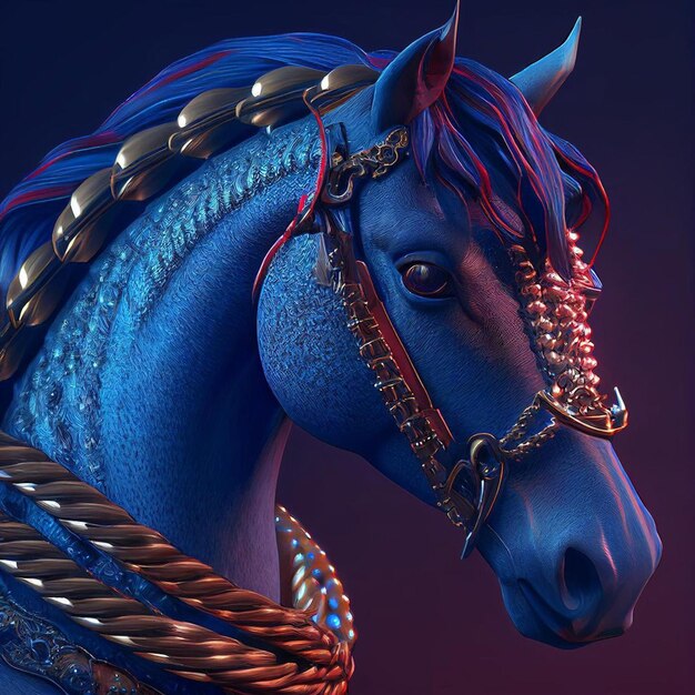 A blue horse with a gold chain around its neck