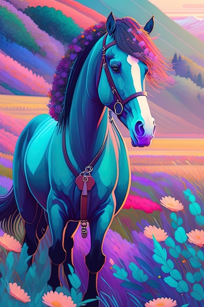 A blue horse with a white stripe on its face stands in a field of flowers.