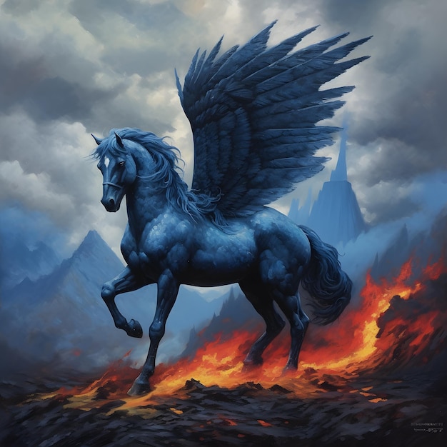 Photo a blue horse with wings volcano