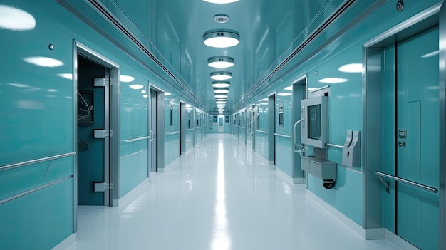 A blue hospital corridor with a row of lights and a row of windows.