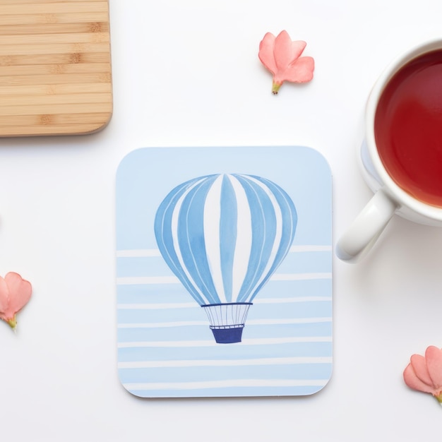 Blue Hot Air Balloon Coaster Print Minimal Watercolor Style