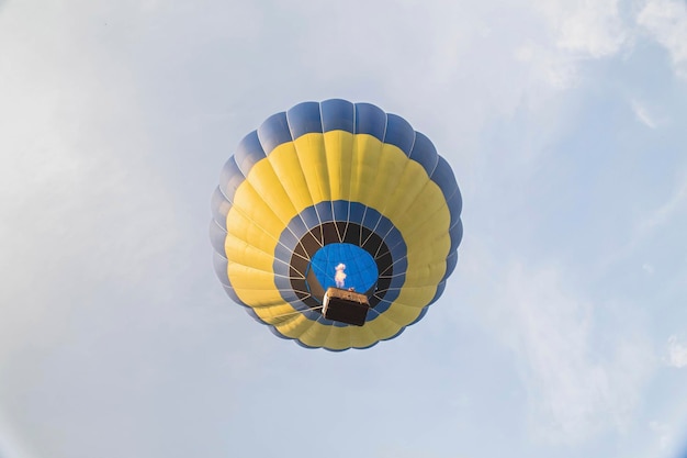 blue hot air balloon flying in the sky