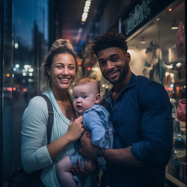 Blue Hour Bliss Interracial Couple Embracing Parenthood Window Shopping in the City