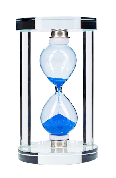 Blue hourglass isolated on white background close up