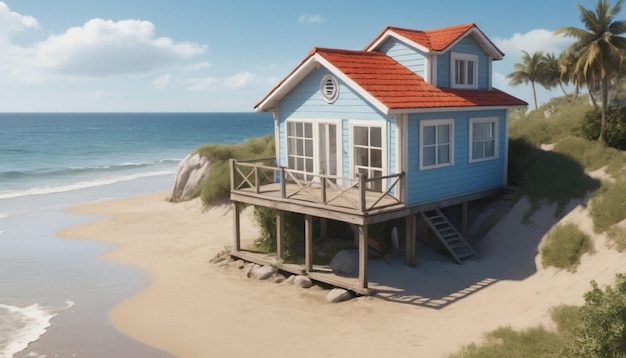 Photo a blue house on a beach with a red roof