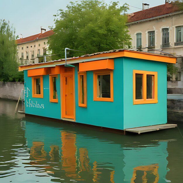 Photo a blue house boat with the word quot luxury quot on the side