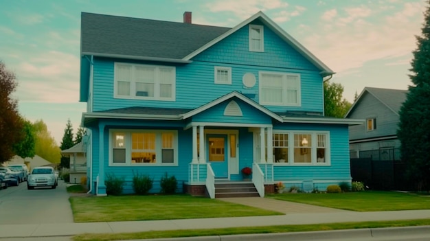 A blue house exterior Front side of an amazing skyblue house Home sweet home