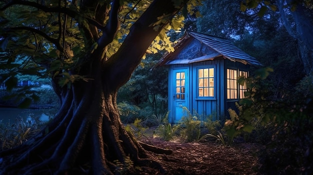 Photo a blue house in a forest with a tree trunk in the foreground.