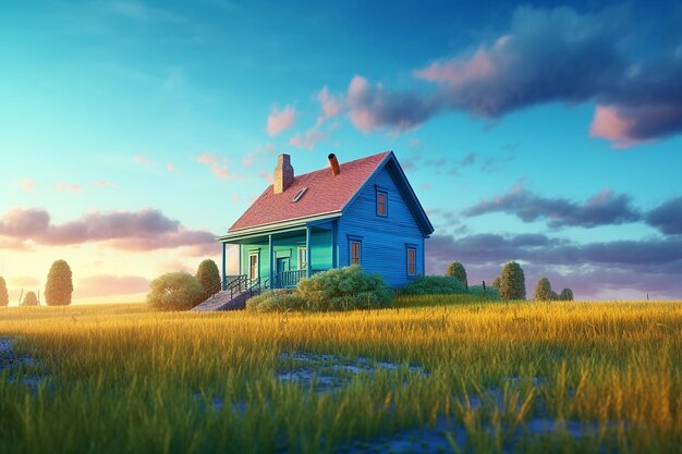 blue house and grass meadow