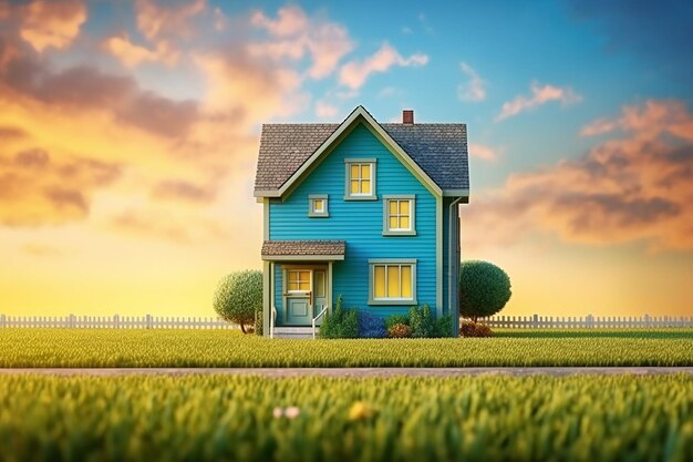 blue house and grass meadow