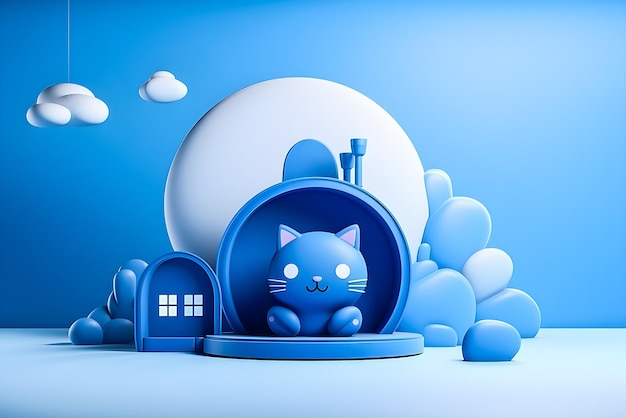 Blue house for kitty in 3d style generate AI