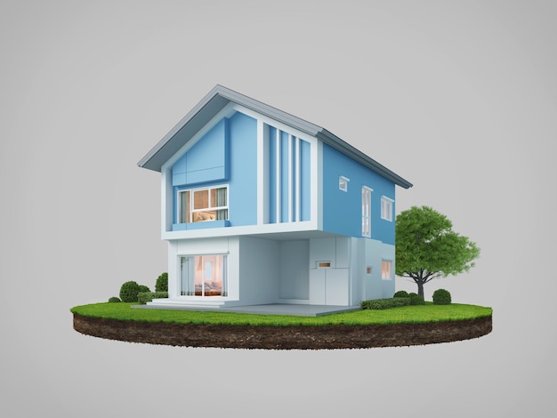 Blue house on land in modern style 3d rendering