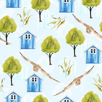 青い​家​の​フクロウ​の​葉​と​枝​を​飛んで​乾燥​水彩​シームレス パターン
