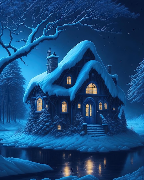 A blue house in the snow