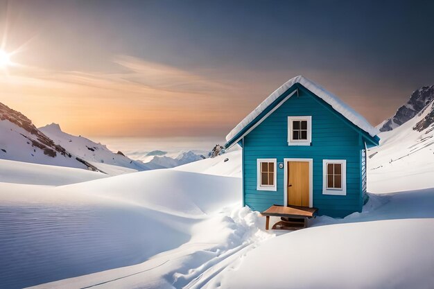 A blue house in the snow