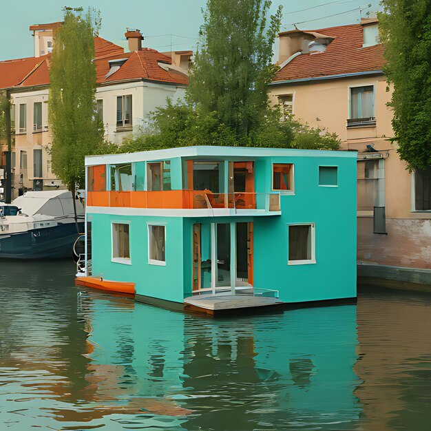 Photo a blue house that has a boat on the water