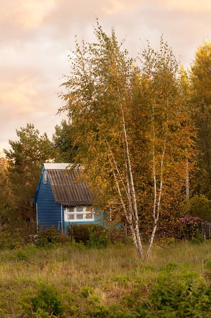 Blue house in the village in nature on the background of autumn trees