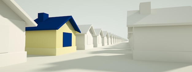 Blue house among white houses. Hunting and searching concept. 3D Rendering, panoramic image