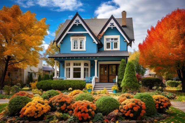 A blue house with a blue house in the fall.