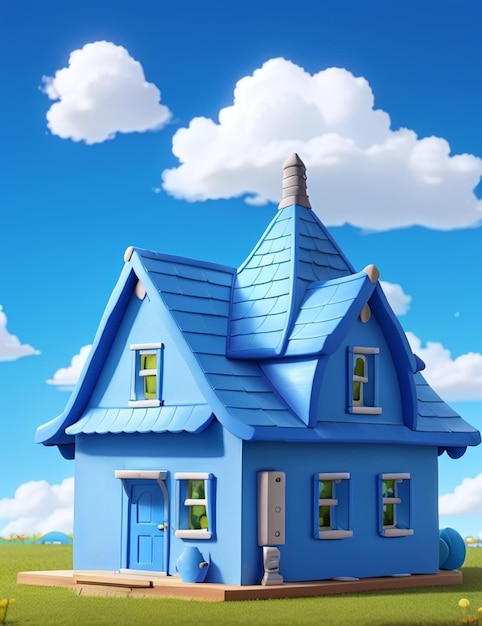 A blue house with a blue roof and a blue house with a sky background