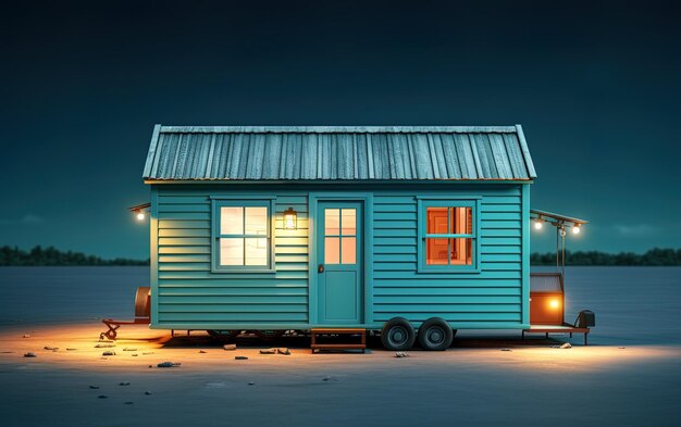 Photo a blue house with a blue roof sits in the snow