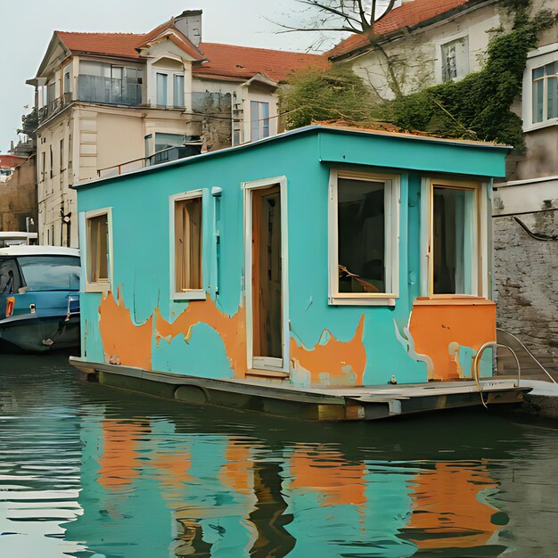 Photo a blue house with a blue van parked next to it