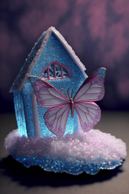 Blue house with a butterfly sitting on top of it generative ai