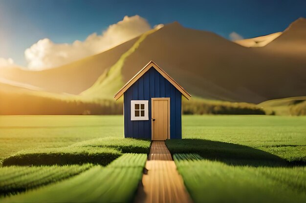 A blue house with a door on the side of it