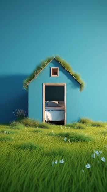 A blue house with a green roof and a bed in the middle of it.