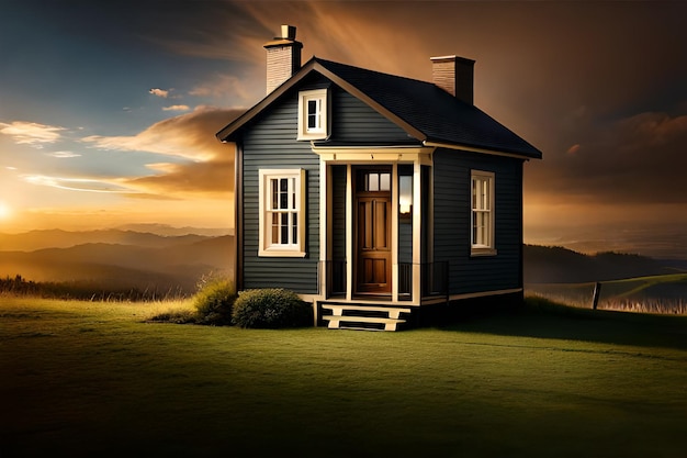 A blue house with a mountain in the background