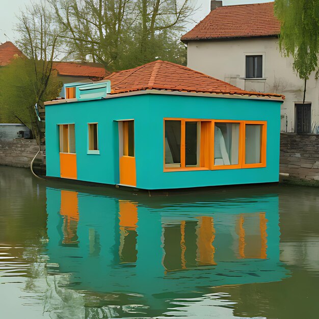 Foto una casa blu con un rivestimento arancione si trova nell'acqua