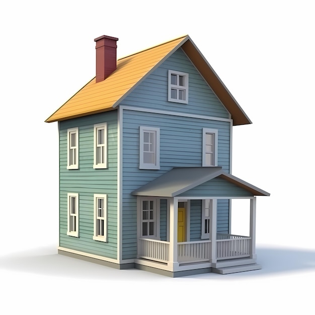 A blue house with a porch and a red roof.