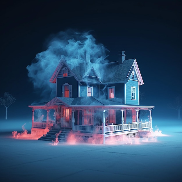 Голубой дом с дымовым следом на заднем плане