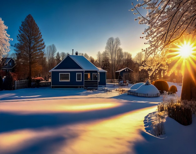 A blue house with the sun shining on the snow