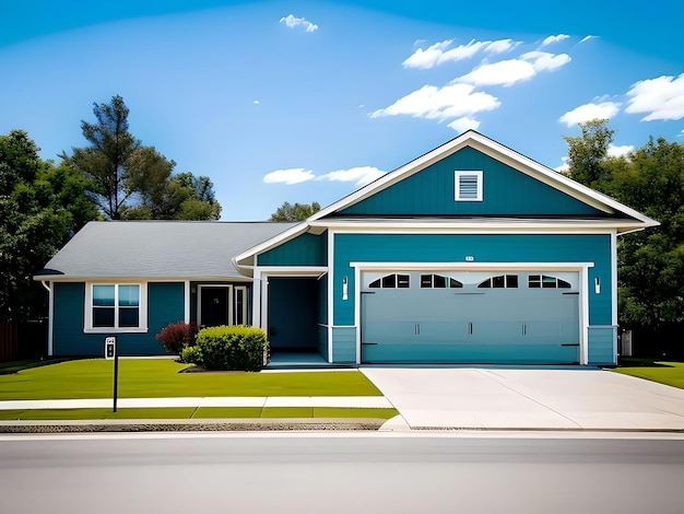 Foto una casa blu con una porta da garage bianca e un vialetto.