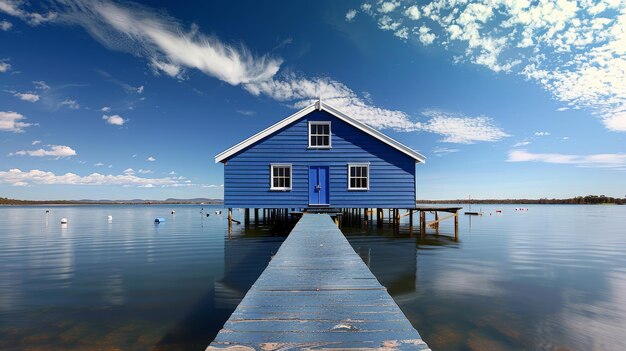 Photo blue house with white roof and windows on the water