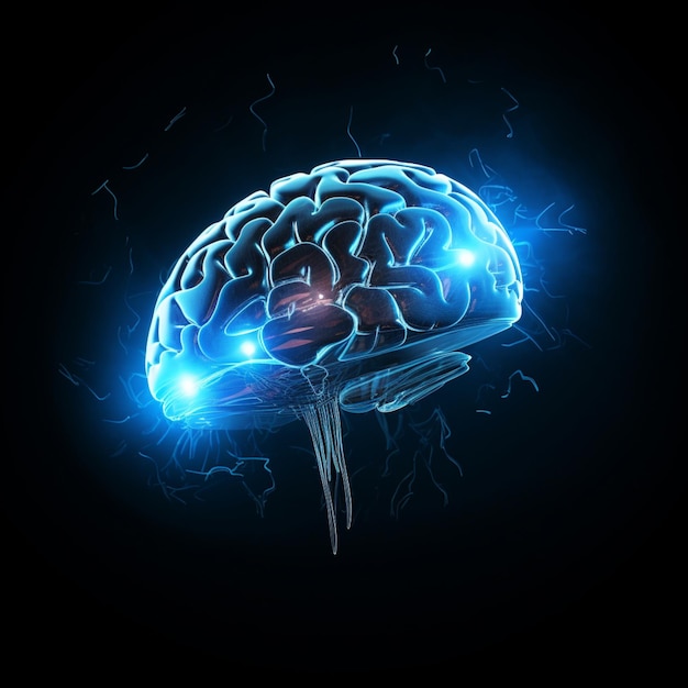 A blue human brain is seen in the style of octane render black background