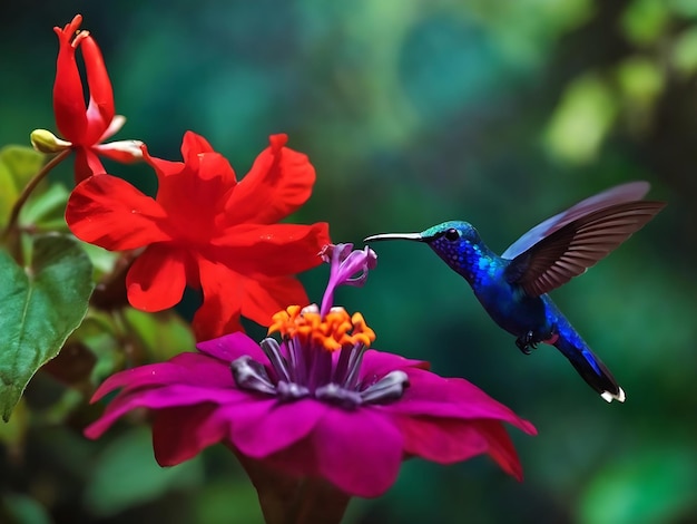 Голубая колибри Фиолетовая сабельная птица летит рядом с красивым красным цветком Оловянная птица летит в джунглях