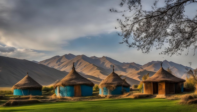 a blue hut with a tree in the middle of it