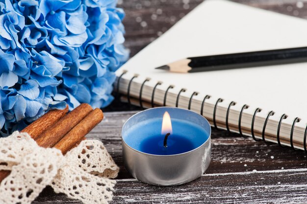 Blue hydrangea bouquet, note book