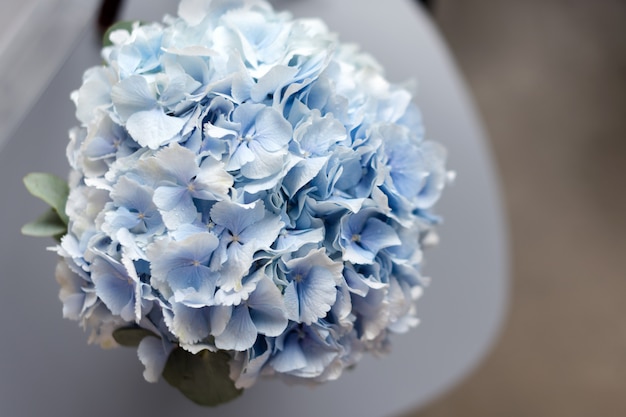 Blue hydrangea bridal bouquet top view